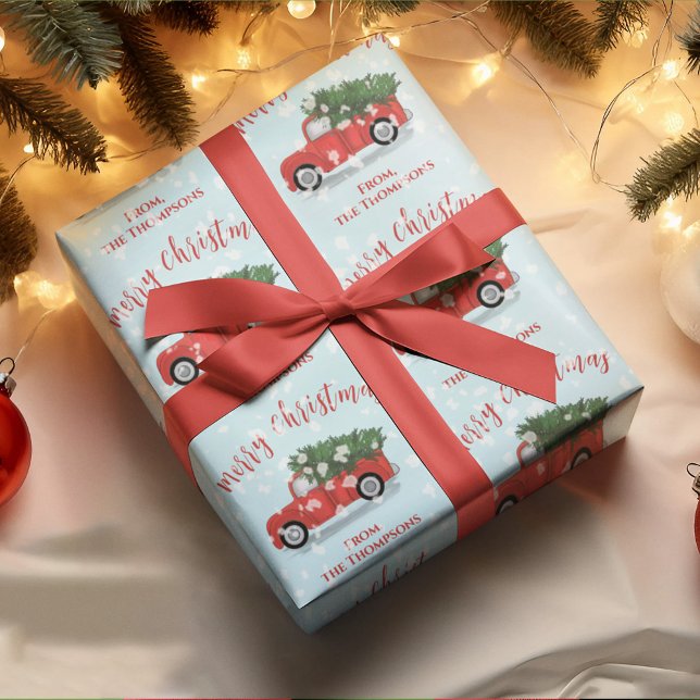 Merry Christmas Calligraphy Cute Rustic Red Truck Wrapping Paper (Merry Christmas cute red calligraphy script rustic red truck wrapping paper. )