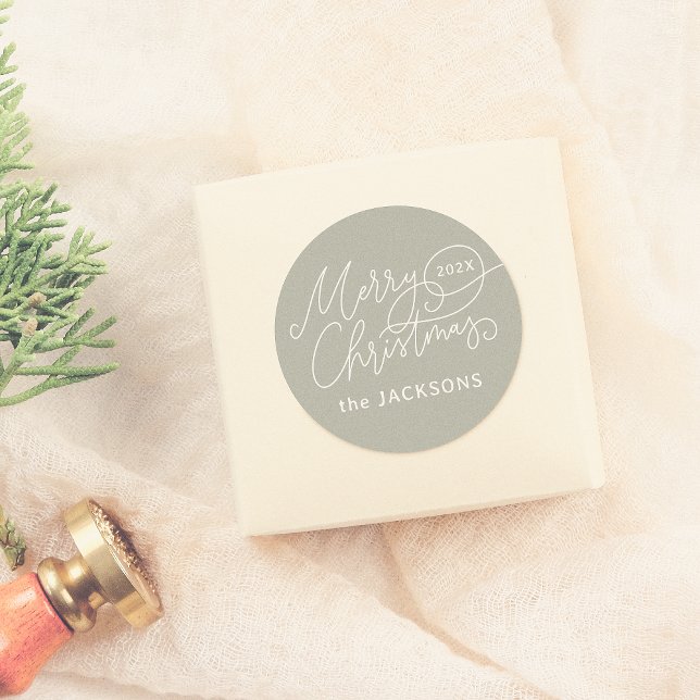 Merry Christmas Calligraphy Elegant Sage Green  Classic Round Sticker (Creator Uploaded)