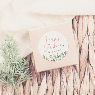 Merry Christmas Calligraphy & Family Name Greenery Classic Round Sticker