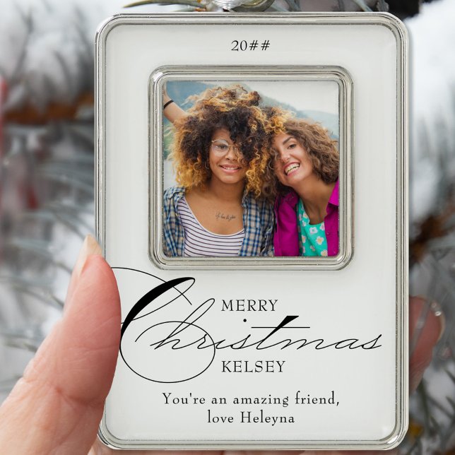 Merry Christmas Calligraphy Friend Photo Silver Plated Framed Ornament (Creator Uploaded)