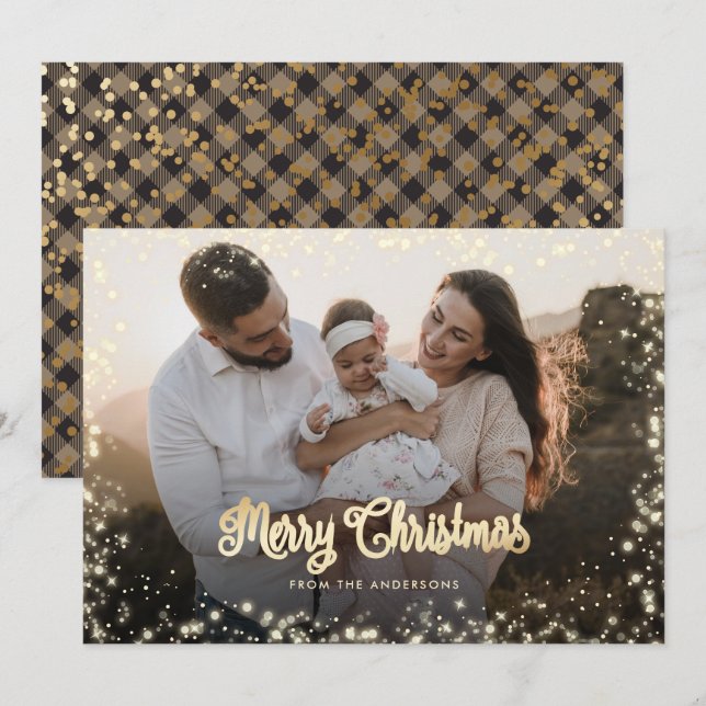 Merry Christmas Calligraphy Gold Snow Lights Photo Holiday Card (Front/Back)