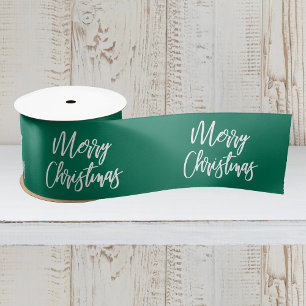 Merry Christmas Calligraphy Green Holiday Satin Ribbon