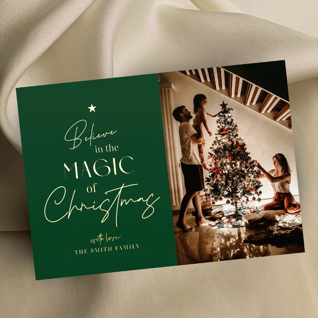 Merry Christmas Calligraphy Green Photo Foil Card (Spread the festive cheer with custom photo holiday cards with gold foil & pine green background)