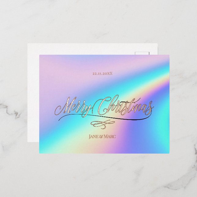 Merry Christmas Calligraphy Holographic Foil Holiday Postcard (Front/Back)