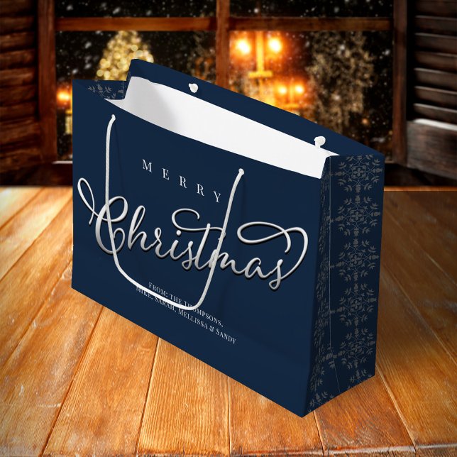 Merry Christmas Calligraphy Navy Blue Snowflake Large Gift Bag (Merry Christmas holiday snowflake pattern large gift bag.)