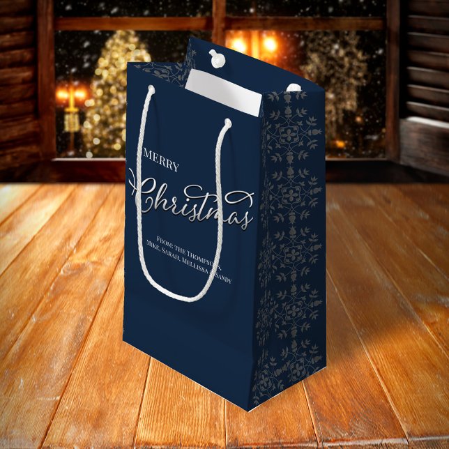 Merry Christmas Calligraphy Navy Blue Snowflake Small Gift Bag (Merry silver calligraphy script navy blue snowflake pattern gift bag, )