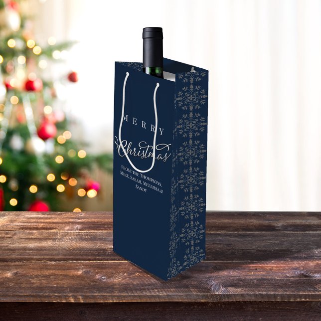 Merry Christmas Calligraphy Navy Blue Snowflake Wine Gift Bag (Navy blue custom silver snowflake wine bag)