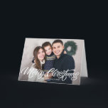 Merry Christmas Calligraphy Photo Overlay Holiday Card<br><div class="desc">Merry Christmas! Send holiday greetings to family and friends with this hand-lettered photo Christmas postcard. It features hand lettering and Christmas tree pattern. Personalise by adding names,  message,  photos and other details. This design is available as a flat card,  postcard and folded card.</div>