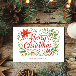 Merry Christmas Calligraphy Red Poinsettias  Holiday Card