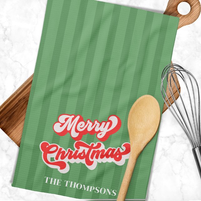 Merry Christmas Calligraphy Retro Style Red Green  Tea Towel (Whimsical red and green script. )