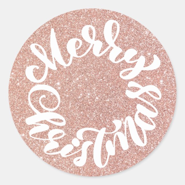 Merry Christmas Calligraphy Rose Gold Glitter Classic Round Sticker (Front)