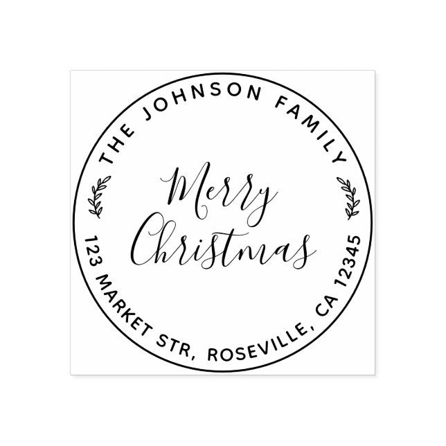 Merry Christmas Calligraphy Round Return Address  Rubber Stamp (Imprint)