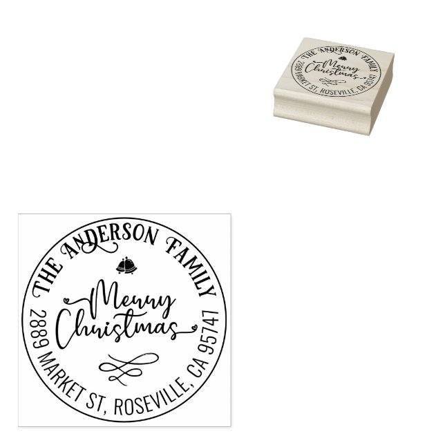 Merry Christmas Calligraphy Round Return Address Rubber Stamp (Stamped)