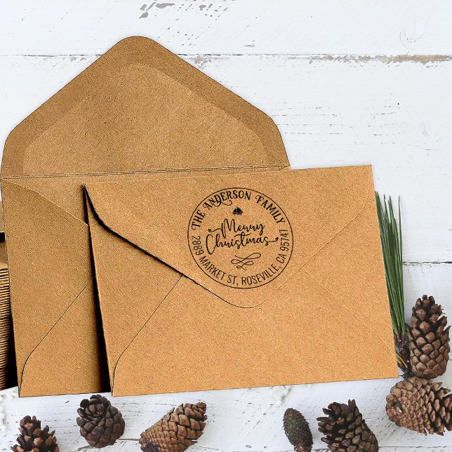 Merry Christmas Calligraphy Round Return Address Rubber Stamp (Merry Christmas Calligraphy Round Return Address Rubber Stamp (Stamped))