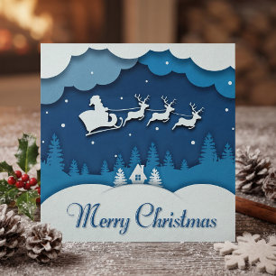 Merry Christmas Calligraphy Santa Sleigh Reindeer Holiday Card