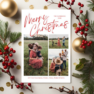 Merry Christmas Calligraphy Script 3 Photo Plaid Holiday Card
