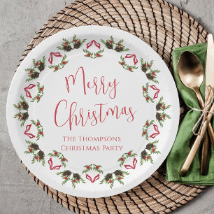 Merry Christmas Calligraphy Script Modern Wreath  Paper Plate
