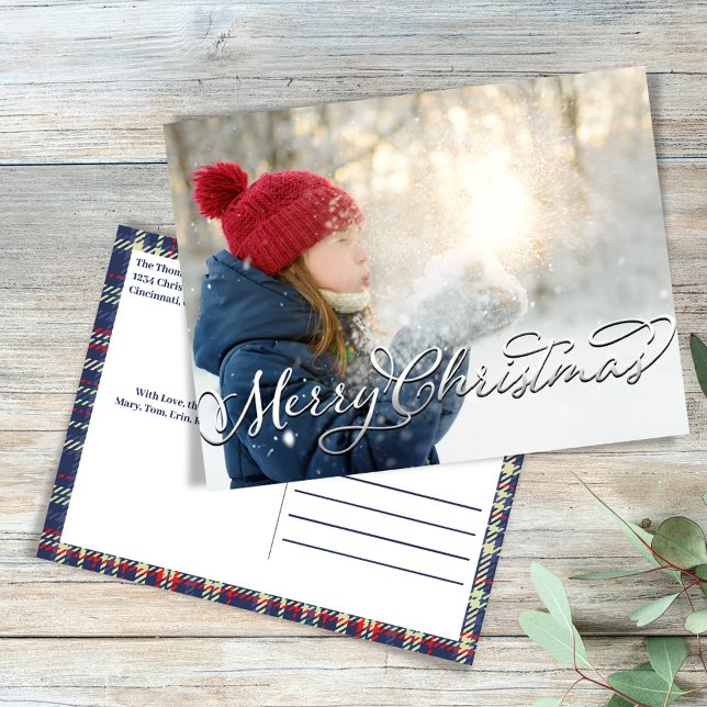 Merry Christmas Calligraphy Script Navy Blue Plaid Holiday Postcard (Merry Christmas silver script photo postcard. )