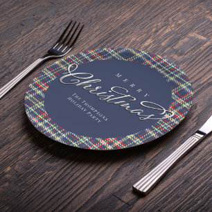 Merry Christmas Calligraphy Script Navy Blue Plaid Paper Plate