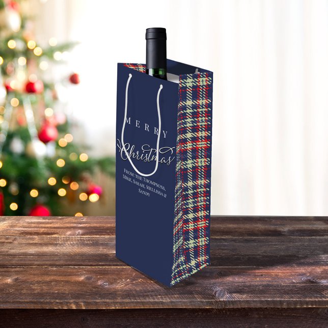 Merry Christmas Calligraphy Script Navy Blue Plaid Wine Gift Bag (Merry Christmas navy blue plaid wine gift bag.)