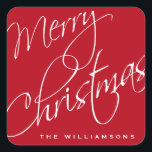 Merry Christmas Calligraphy Script Red Custom Square Sticker<br><div class="desc">An festive Merry Christmas sticker featuring a calligraphy script font set against a Christmas Red background.  (Easily change the background colour by clicking on "customise it" and then the small eye dropper.) The perfect sticker for your holiday packages and gifts.  Add your name to customise.</div>