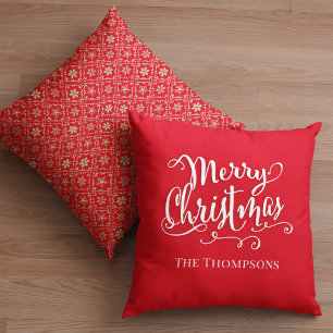 Merry Christmas Calligraphy Script Red Snowflake Cushion