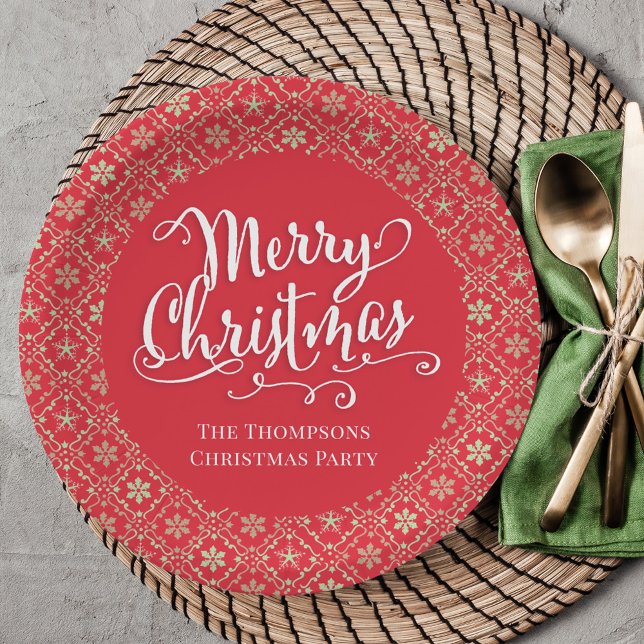 Merry Christmas Calligraphy Script Red Snowflake Paper Plate (Whimsical Merry Christmas white calligraphy script red paper plate. )