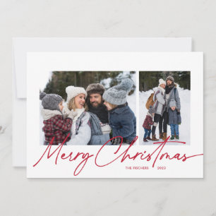Merry Christmas Calligraphy Script Simple 4 Photo Holiday Card