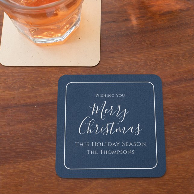 Merry Christmas Calligraphy Simple Cute Navy Blue Square Paper Coaster (Merry Christmas holiday party paper coaster)