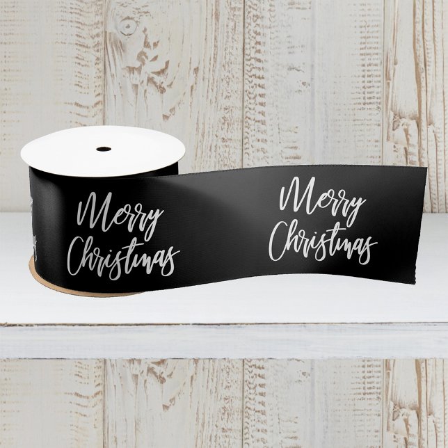 Merry Christmas Calligraphy White Black Holiday Satin Ribbon (Creator Uploaded)