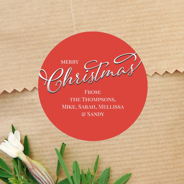 Merry Christmas Calligraphy Winter Red Green Plaid Classic Round Sticker (Simple Merry Christmas holiday silver calligraphy circle sticker. With a solid red background. )