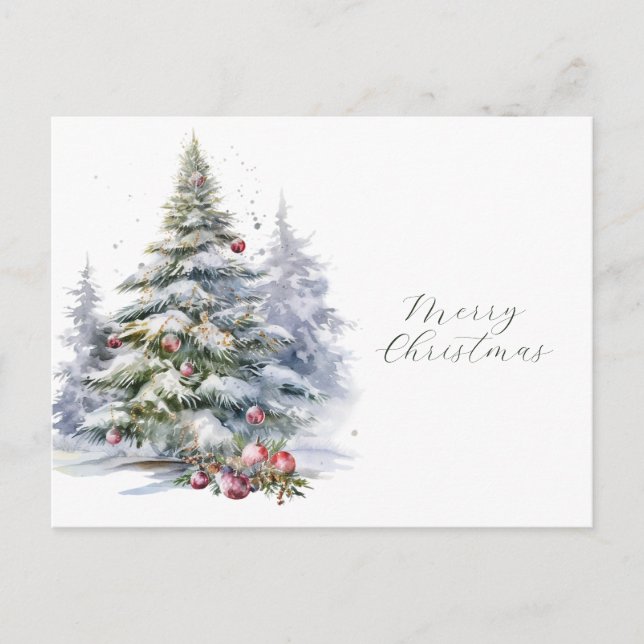 Merry Christmas Calligraphy with Watercolor Tree  Postcard (Front)