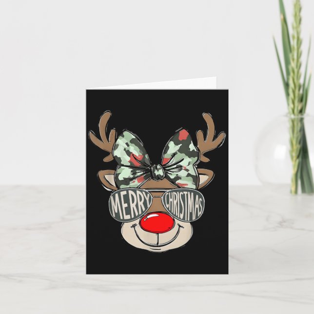 Merry Christmas Camo Reindeer Bow Girl Women Kid H Card (Front)