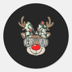 Merry Christmas Camo Reindeer Bow Girl Women Kid H Classic Round Sticker
