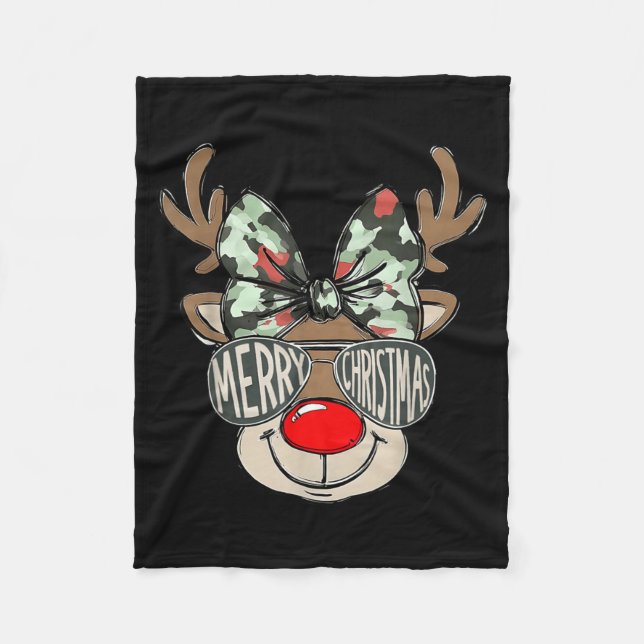 Merry Christmas Camo Reindeer Bow Girl Women Kid H Fleece Blanket (Front)