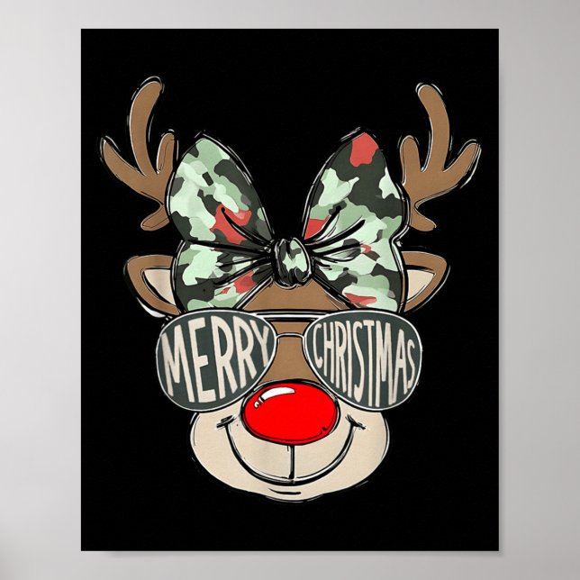 Merry Christmas Camo Reindeer Bow Girl Women Kid H Poster (Front)