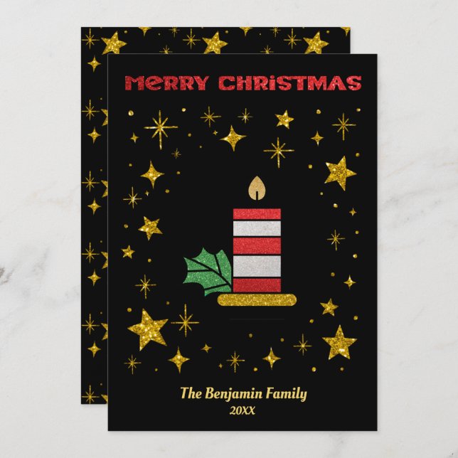 Merry Christmas Candle Stars Glitter Elegant Holiday Card (Front/Back)