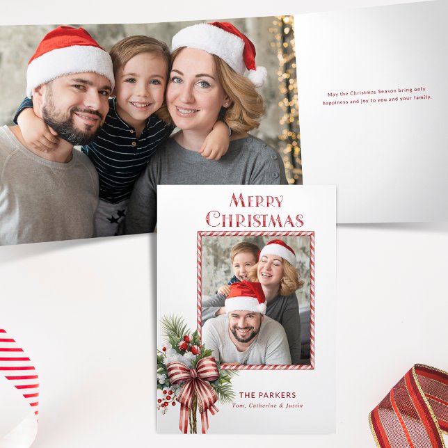 Merry Christmas Candy Cane Bow Photo Tri-Fold Card (Creator Uploaded)