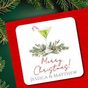 Merry Christmas Candy Cane Martini and Mistletoe Square Sticker