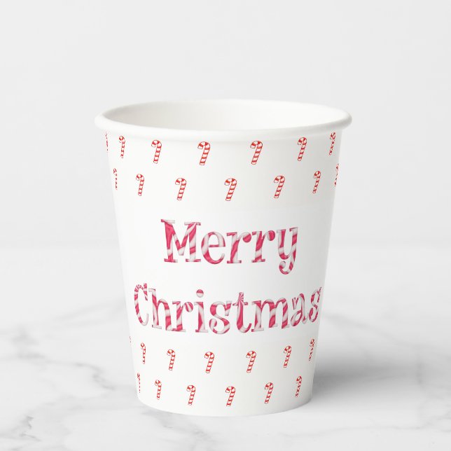 Merry Christmas Candy Cane Text and Pattern  Paper Cups (Front)