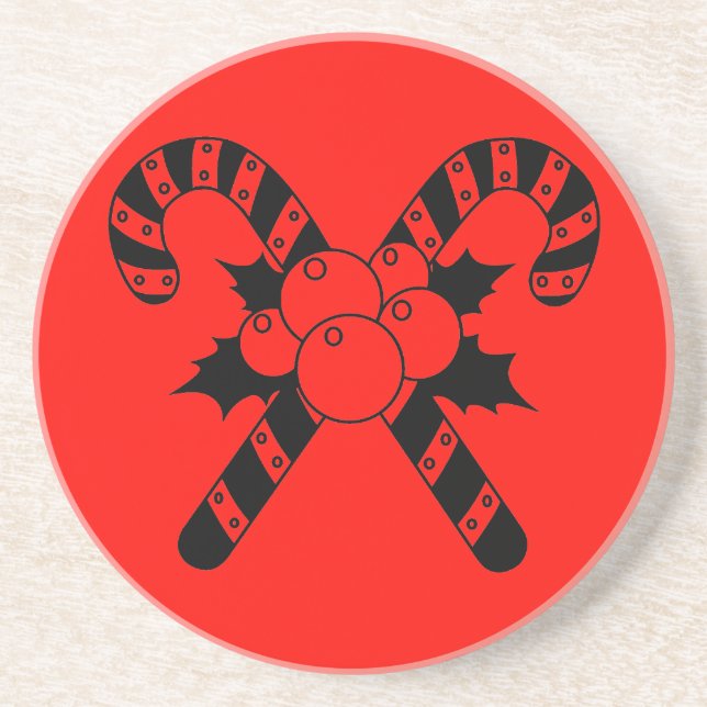 Merry Christmas Candy Canes & mistletoe Line Art C Coaster (Front)