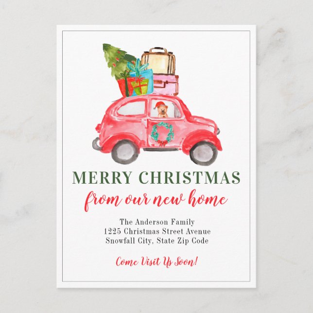 Merry Christmas Car Tree New Home Holiday Moving Announcement Postcard (Front)
