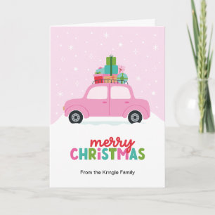Merry Christmas Car with Christmas Gifts in Pink Holiday Card