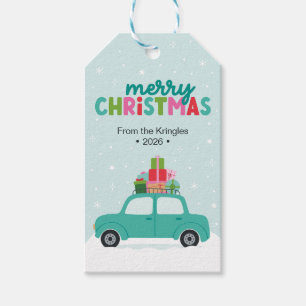 Merry Christmas Car with Gifts in Aqua Blue Custom Gift Tags