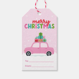 Merry Christmas Car with Gifts in Pink To/From Gift Tags