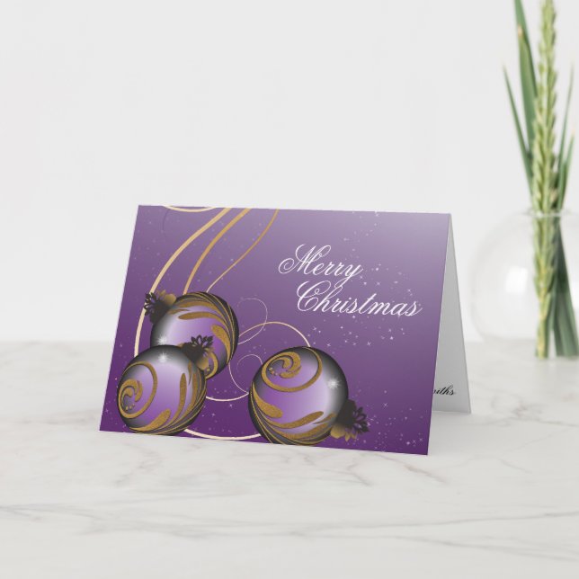 Merry Christmas Card Elegant Purple Gold Ornaments (Front)