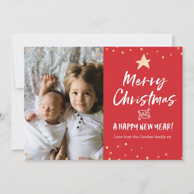 Merry Christmas card family photo gold star (Front)