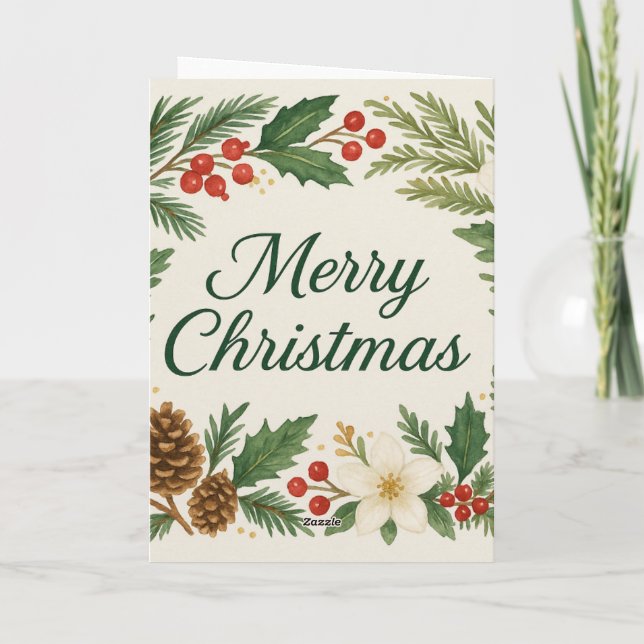 Merry Christmas Card Winter Florals Pine Branches  (Back)