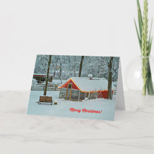 Merry Christmas Card with a Snowy Farm Scene