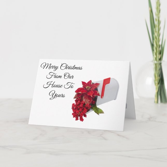 Merry Christmas card with mailbox and poinsettias (Front)